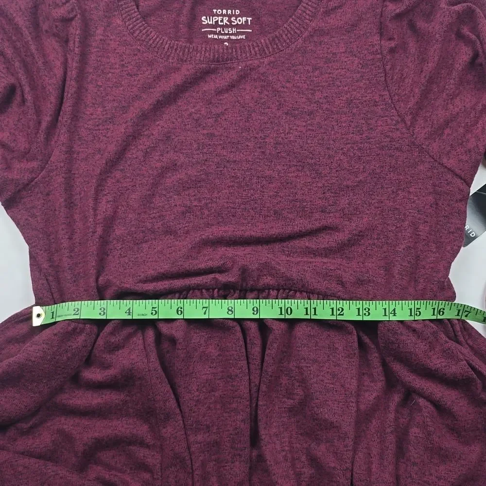 Torrid NWT Babydoll Dress - Super Soft Plush Burgundy Long Sleeve Plus Size‎ 2X